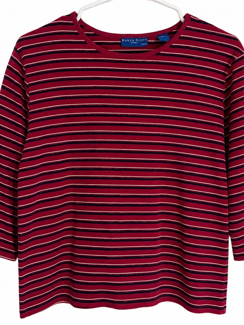 Karen Scott Sport Petite Large Striped 3/4 Sleeve Top